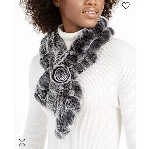 Rex Rabbit Fur Pull Through Neck Wrap Scarf Rosette Black White 34”